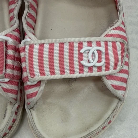 Chanel Printed Calfskin Velcro Dad Flat Mules Sandals Red Stripe 38 EU / 8 US - Picture 5 of 10
